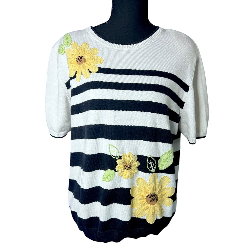 Vtg Alfred Dunner Womens Striped Sweater Sz PL Sunflower Floral Grannycore Glam